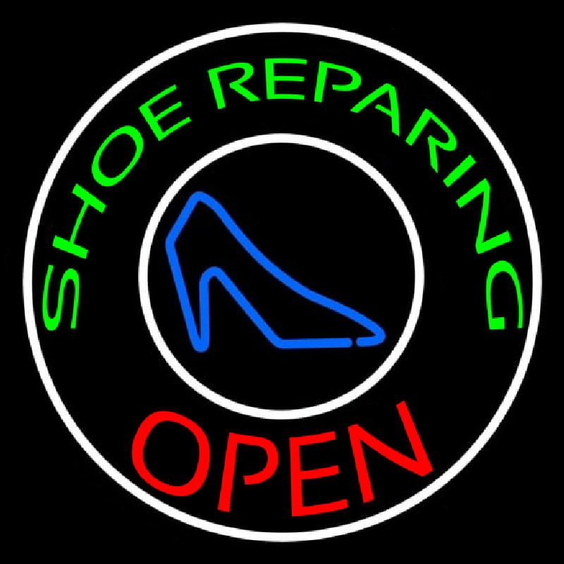 Green Shoe Repairing Open With Border Neonreclame