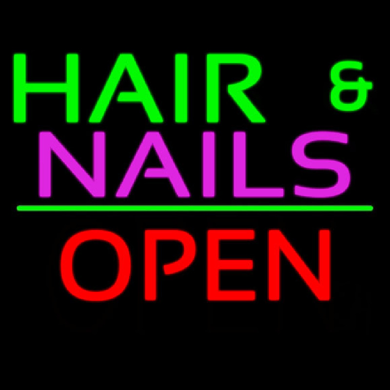 Hair And Nails Block Open Green Line Neonreclame