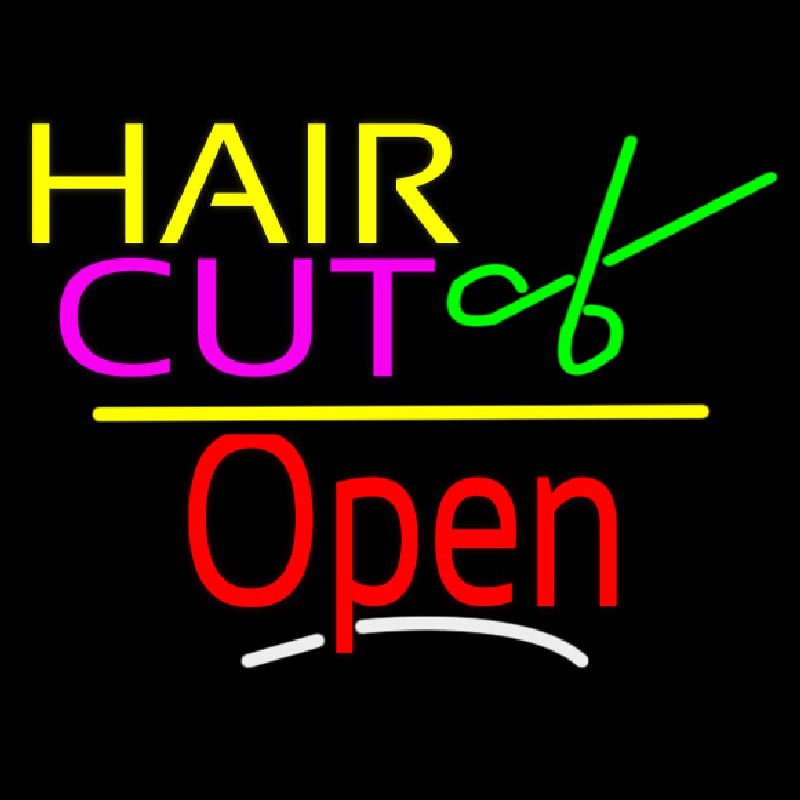 Hair Cut Logo Open Yellow Line Neonreclame