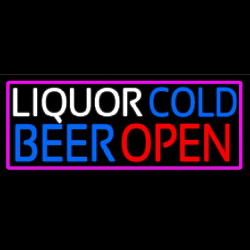 Liquors Cold Beer Open With Pink Border Neonreclame