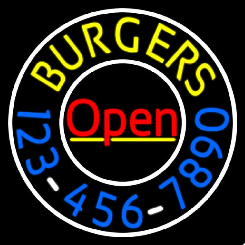 Open Burgers With Numbers Circle Neonreclame