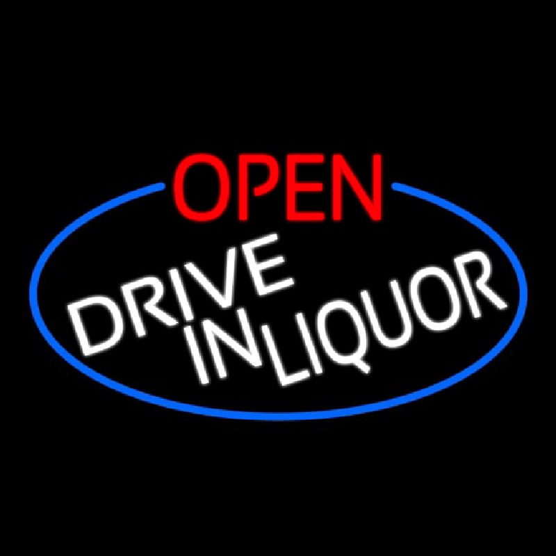 Open Drive In Liquor Oval With Blue Border Neonreclame