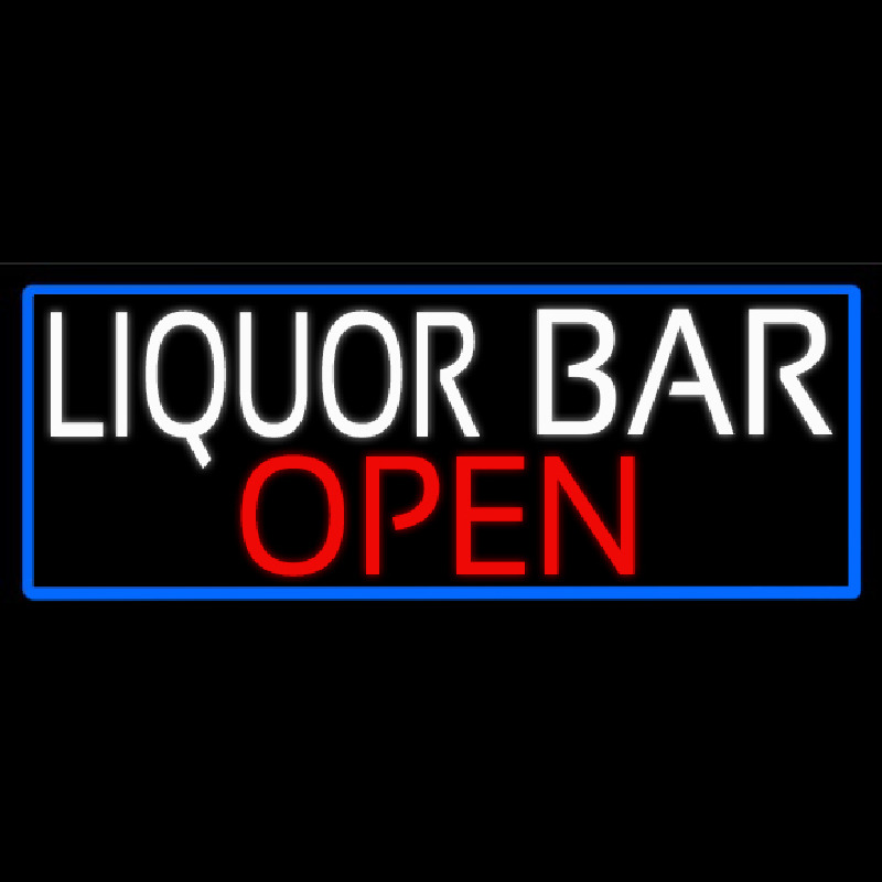 White Liquor Bar Open With Blue Border Neonreclame