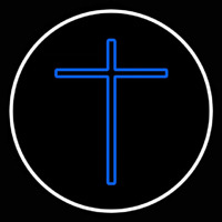 Blue Christian Cross White Border Neonreclame