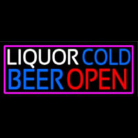 Liquors Cold Beer Open With Pink Border Neonreclame