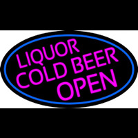 Pink Liquors Cold Beer Open Oval With Blue Border Neonreclame